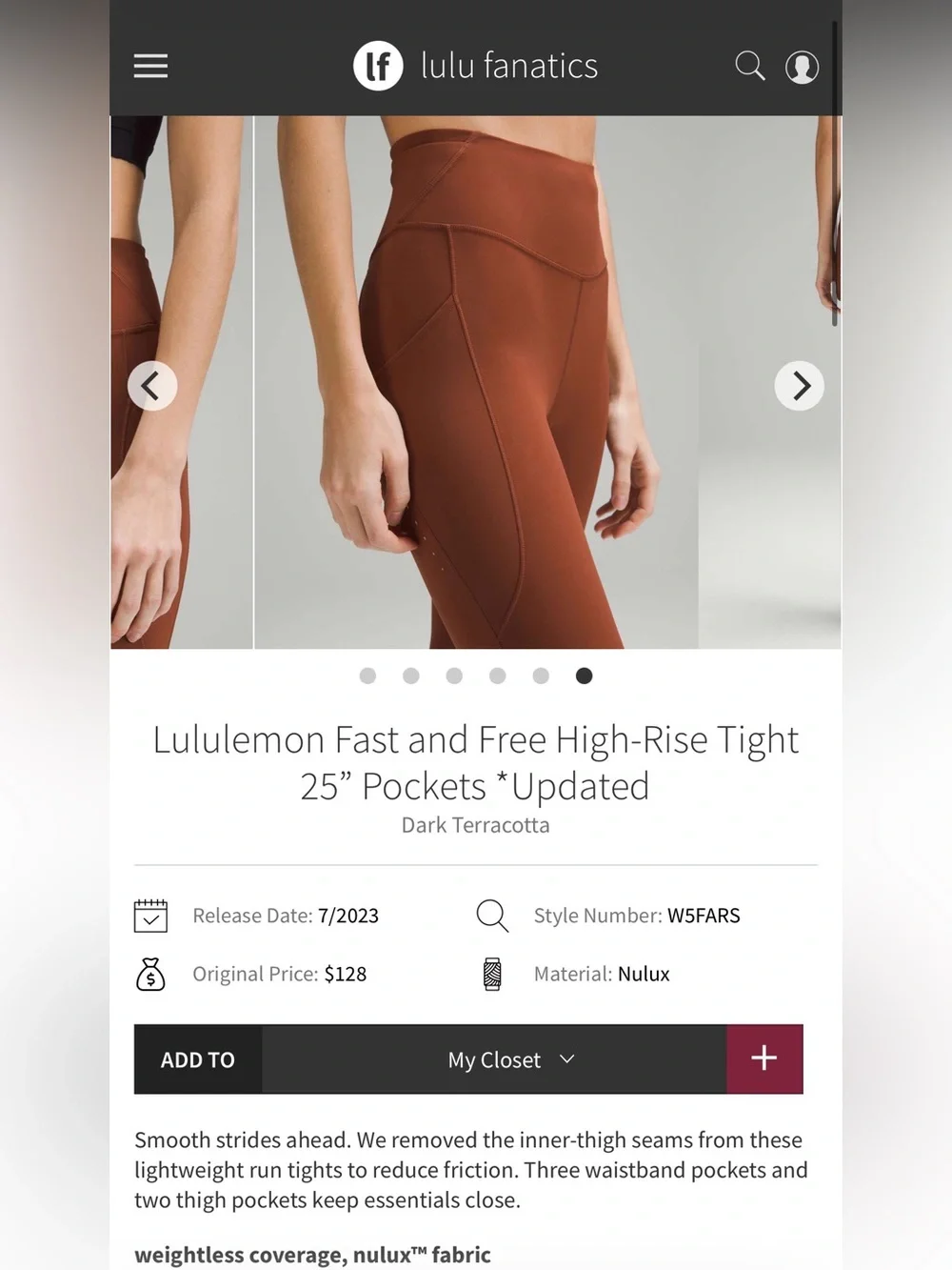 Lululemon women’s dark terracotta fast and free high rise tight 25” pockets legg